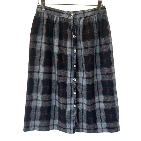 Vintage Dresses & Skirts - Vintage 70s Grey Plaid Button Up Straight Above Knee Wool Blend Skirt Medium